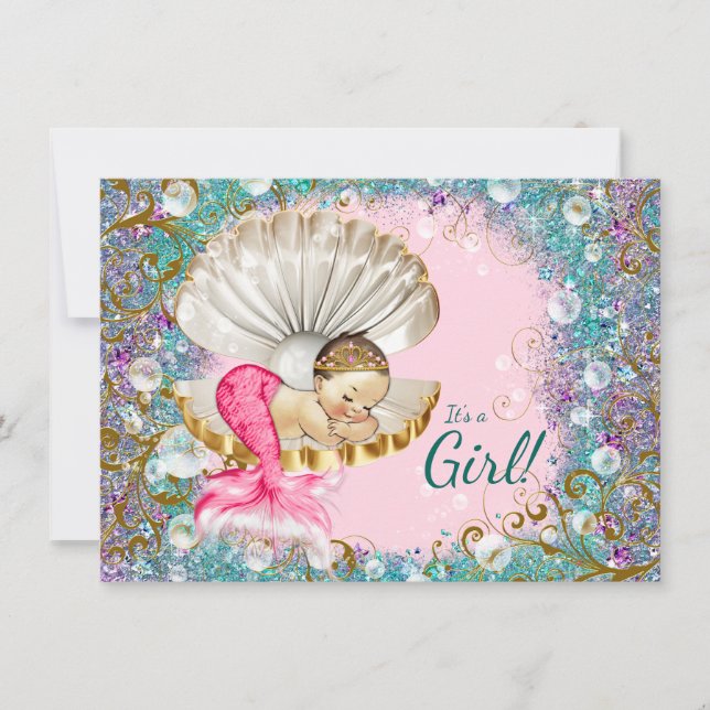 Brunette Mermaid Baby Shower Invitaciones (Anverso)