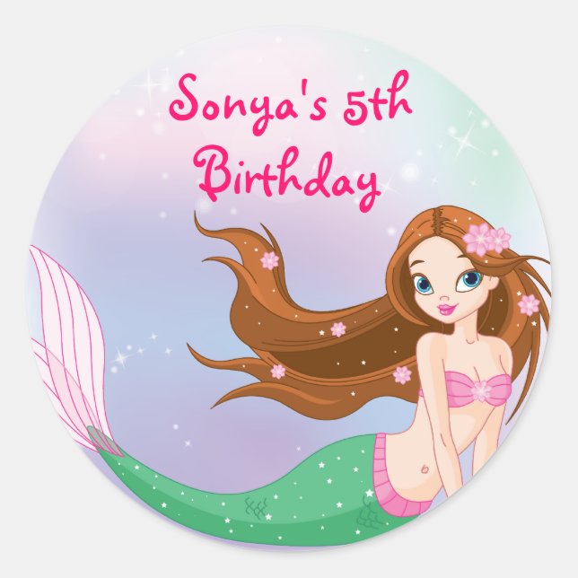 Brunette Mermaid Favor Bag Pegatina (Anverso)