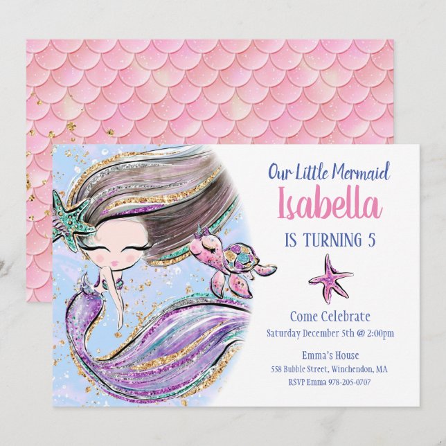 Brunette Mermaid Invitación a fiesta de cumpleaños (Anverso / Reverso)