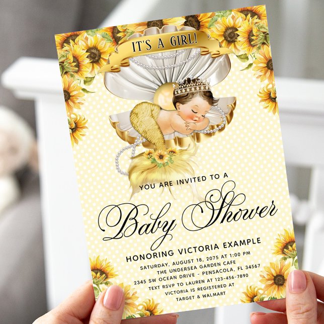 Brunette Mermaid Sunflower Invitación a Baby Showe (Subido por el creador)