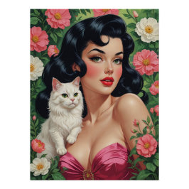 Brunette Pin-Up con Poster de gato blanco lindo