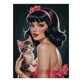 Brunette Pin-Up con un Poster de retrato de gatito