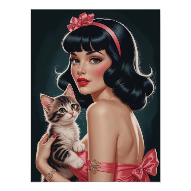 Brunette Pin-Up con un Poster de retrato de gatito (Anverso)