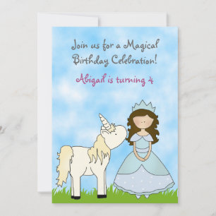 Brunette Princess and Unicorn Birthday Invitación