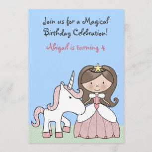 Brunette Princess and Unicorn Birthday Invitación