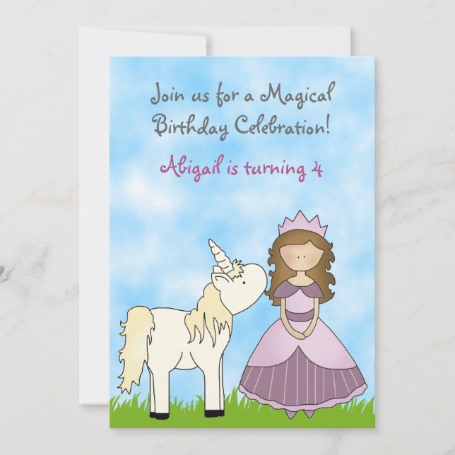 Brunette Princess and Unicorn Birthday Invitación (Anverso)
