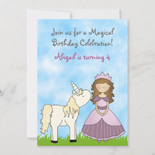 Brunette Princess and Unicorn Birthday Invitación