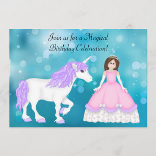 Brunette Princess and Unicorn Birthday Invitación