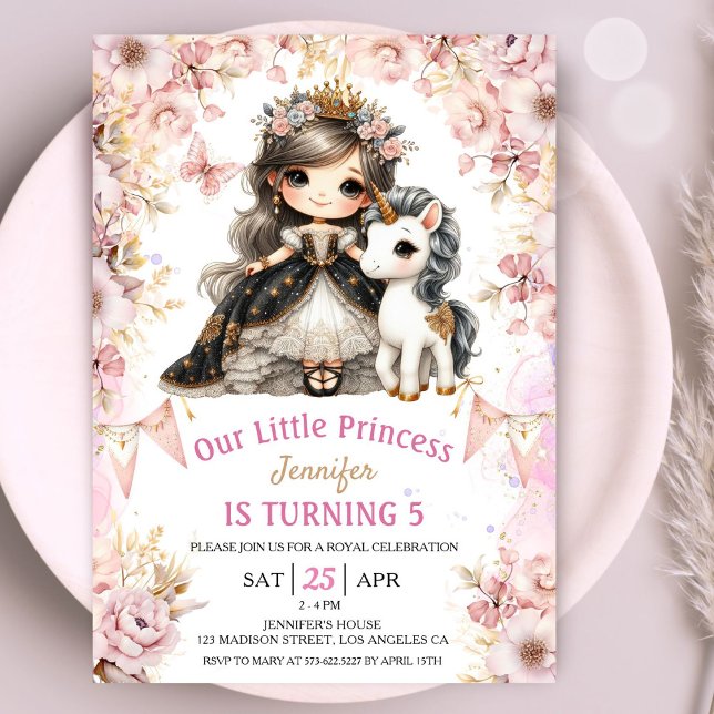 Brunette Princess Unicorn Invitación a los 5 años (Subido por el creador)