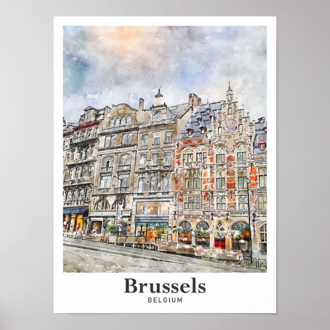 Bruselas Bélgica Arte Viaje Mano acuática dibujada (Frente)