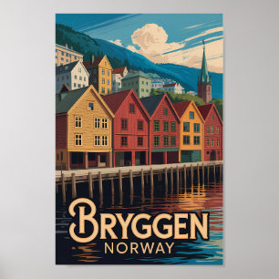 Bryggen Noruega Ilustración Arte de viaje Bergen