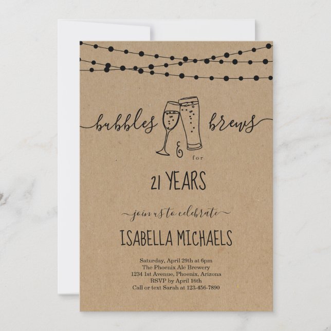 Bubble & Brews 21ª Invitación de fiesta de cumplea (Anverso)