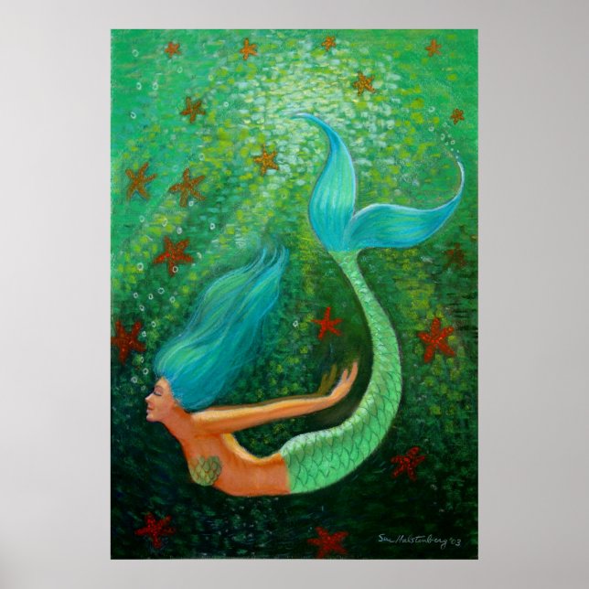 Buceo Blue Hair Mermaid Fantasma Poster de arte (Frente)