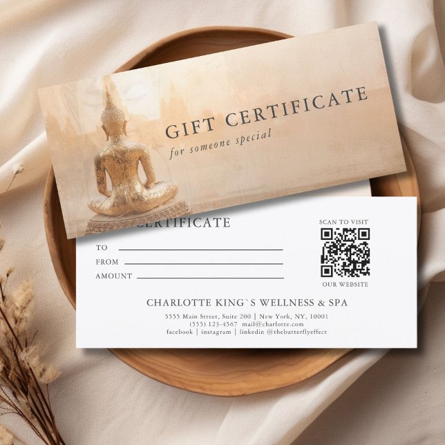 Buda Dorado – Certificado de regalo de código QR d (Golden Buddha – Yoga Reiki Salon Massage Wellness & more Custom QR Code Gift Certificate)