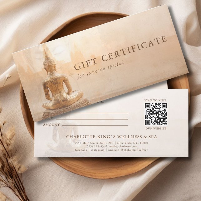 Buda Dorado – Certificado de Regalo de Código QR d (Golden Buddha – Yoga Reiki Salon Massage Wellness & more Custom QR Code Gift Certificate)
