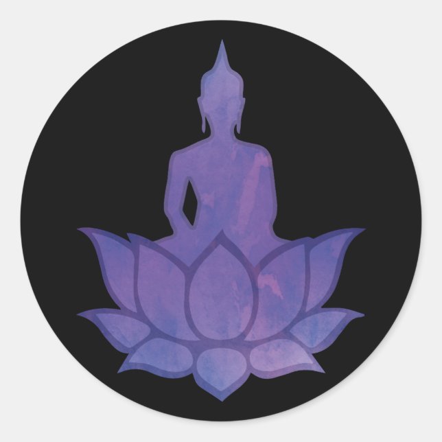 Buddha on Lotus Purple Classic Round Pegatina (Anverso)