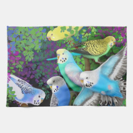 Budgerigars en toalla de cocina de los helechos