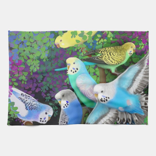 Budgerigars en toalla de cocina de los helechos (Horizontal)