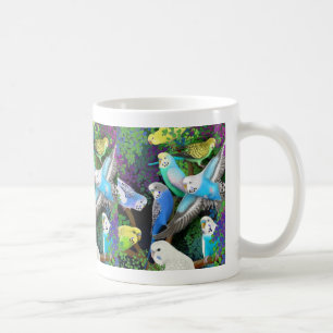 Budgerigars y taza de los helechos