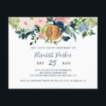 Budget 30th floral birthday party Invitation Flyer<br><div class="desc">Peach cream, blush pink, ivory and navy blue bohemian pastel flowers bouquets with sage green greenery foliage and a round faux metallic gold copper glitter circle making a modern glam horizontal BUDGET affordable feminine thirtieth milestone thirty and fabulous / any age birthday party invitation FLYER with a trendy chic fully...</div>