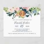 Budget 30th floral birthday party Invitation Flyer<br><div class="desc">Peach cream, blush pink, ivory and navy blue bohemian pastel flowers bouquets with sage green greenery foliage and a round faux metallic gold copper glitter circle making a modern glam horizontal BUDGET affordable feminine thirtieth milestone thirty and fabulous / any age birthday party invitation FLYER with a trendy chic fully...</div>