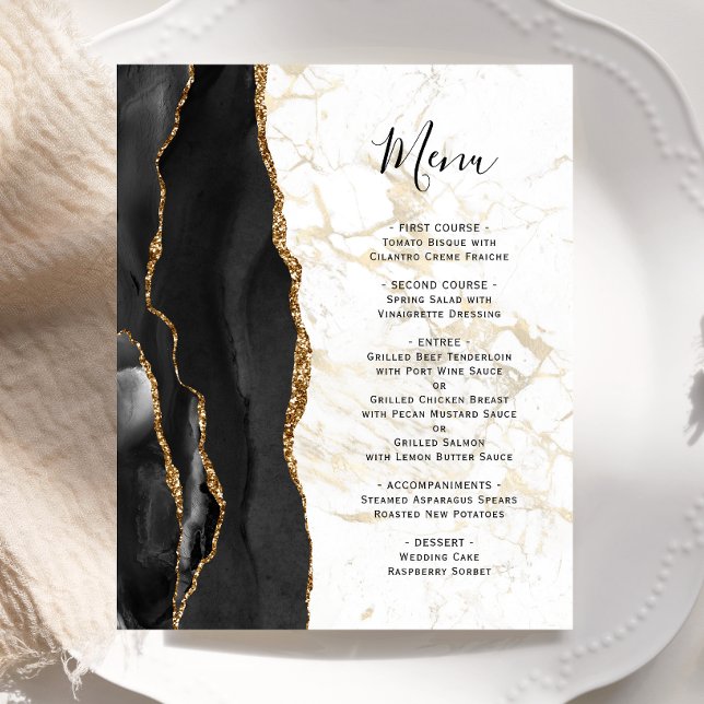 Budget Black Gold Agate Marble Wedding Menu (Subido por el creador)