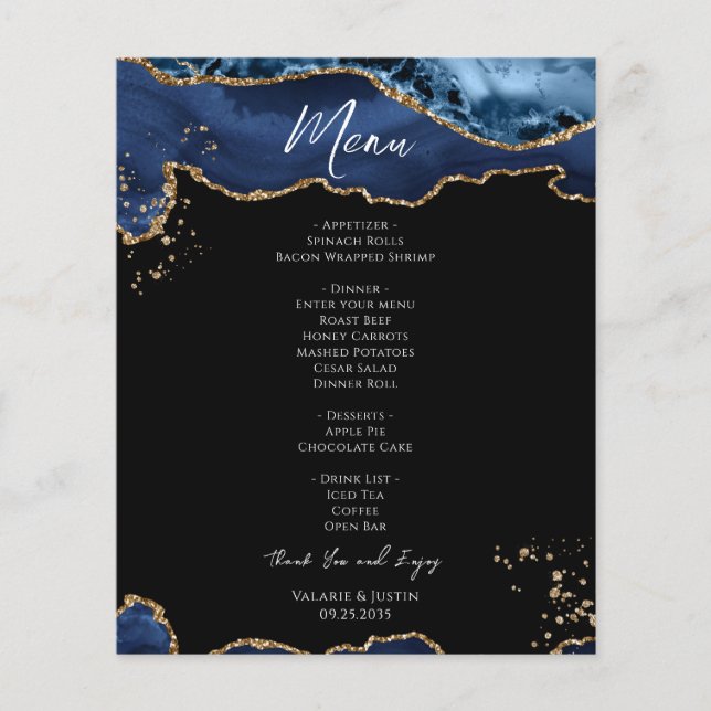 Budget Blue Gold Glitter Marble Wedding Menu (Frente)