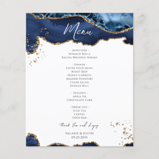 Budget Blue Gold Glitter Marble Wedding Menu Flyer (Frente)