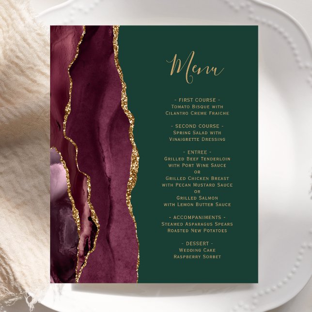 Budget Burgundy Gold Agate Green Wedding Menu (Subido por el creador)