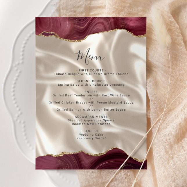 Budget Burgundy Gold Agate Silk Wedding Menu (Subido por el creador)