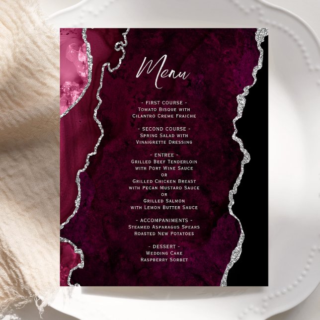 Budget Burgundy Silver Agate Wedding Menu (Subido por el creador)