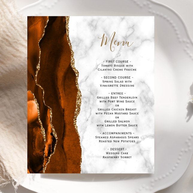 Budget Burnt Orange Gold Agate Marble Wedding Menu (Subido por el creador)