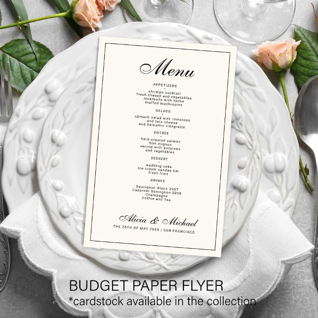 Budget elegant black cream ivory wedding menu (Subido por el creador)