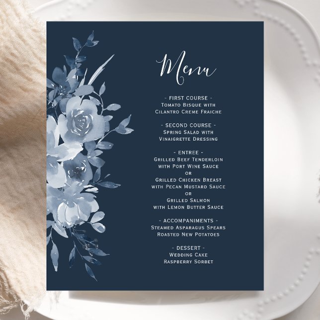 Budget Floral Dusty Blue Navy Wedding Menu (Subido por el creador)