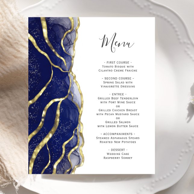 Budget Navy Blue Gold Ink Wedding Menu (Subido por el creador)
