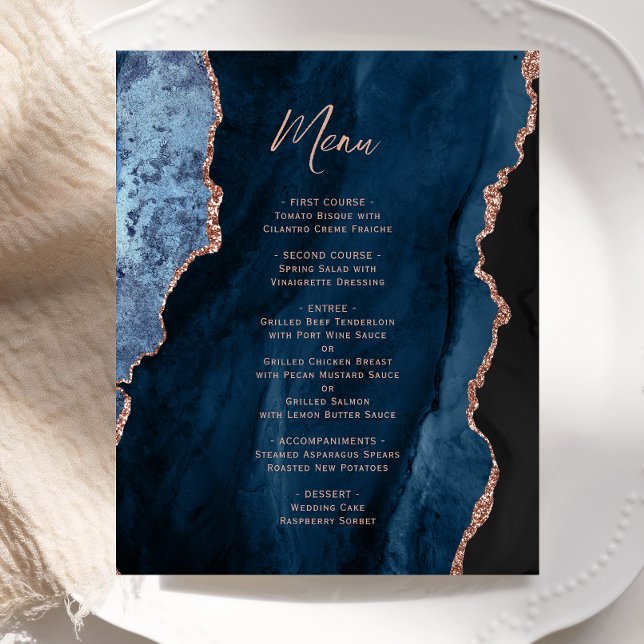 Budget Navy Blue Rose Gold Agate Wedding Menu (Subido por el creador)