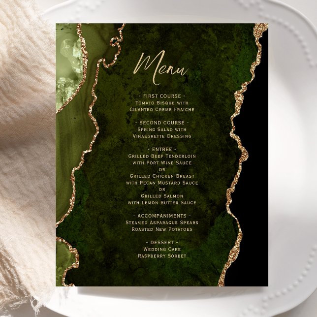 Budget Olive Green Gold Agate Wedding Menu (Subido por el creador)