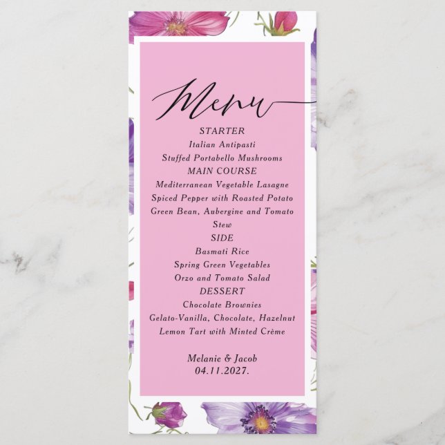 Budget Purple and Pink Floral Wedding  Menu (Anverso)