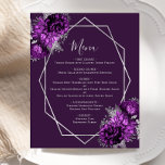 Budget Purple Floral Silver Geometric Wedding Menu<br><div class="desc">This elegant modern wedding menu features a silver geometric frame decorated with plum purple and silver floral bouquets on a purple background. The customizable text combines silver gray whimsical handwriting,  copperplate and italic fonts. The reverse side is solid purple.</div>