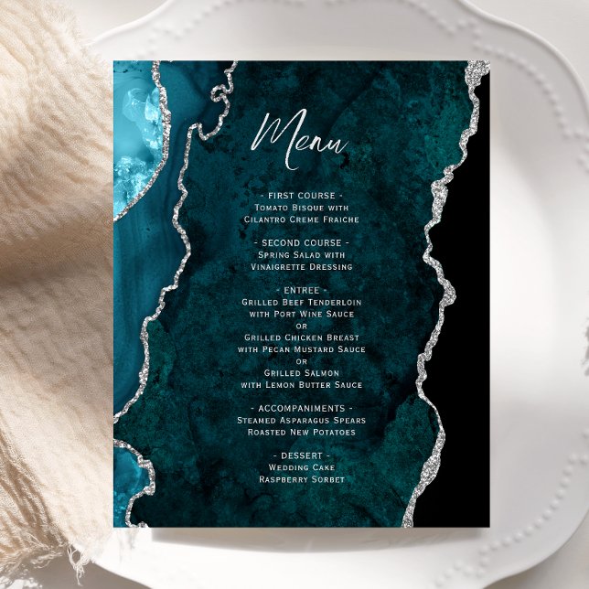 Budget Teal Blue Silver Agate Wedding Menu (Subido por el creador)