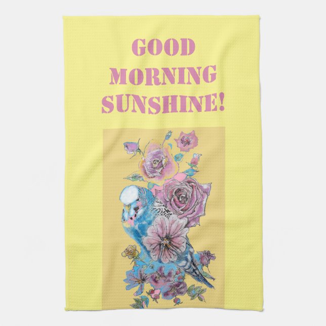 Buenos días acuarela Budgie Rosa Cocina Toalla (Vertical)