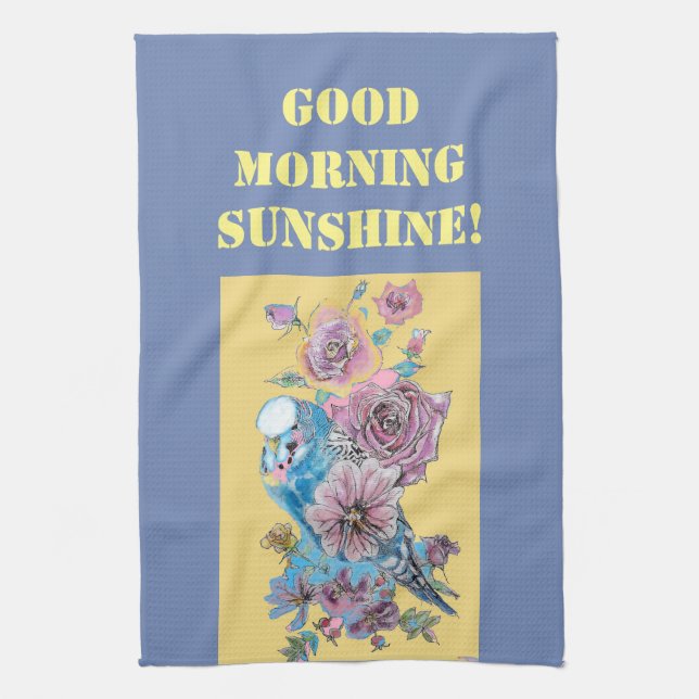 Buenos días acuarela Budgie Rosa Cocina Toalla (Vertical)