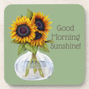 Buenos días girasoles de sol en posavasos verde