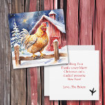 Buenos Navidades de Cute Festiva Pollo<br><div class="desc">Carta personalizada de Navidades con un pollo a la acuarela,  al lado de una valla rústica de madera frente a un granero. Divertido mensaje de vacaciones en la parte posterior que se puede editar en el área personalizada.</div>