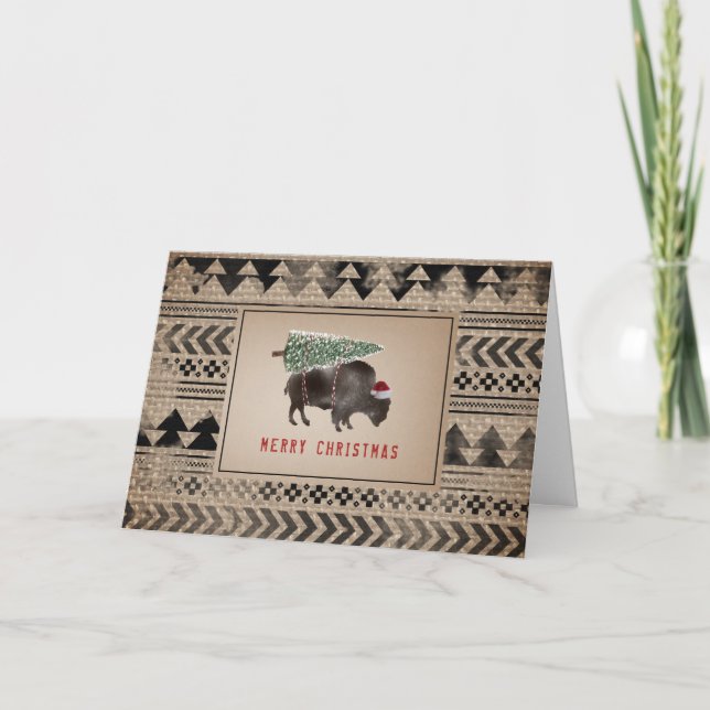Búfalo Bisonte Santa Feliz Navidad Árbol Arpillera (Anverso)