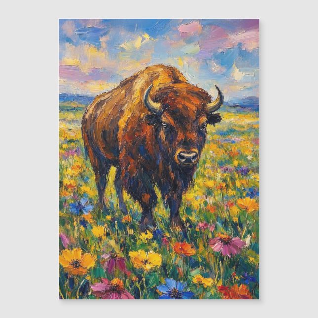 Búfalo en campo de flores silvestres pintura de ar (Anverso)