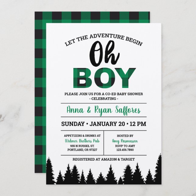 Búfalo verde colocado invitación a Baby Shower Oh  (Anverso / Reverso)