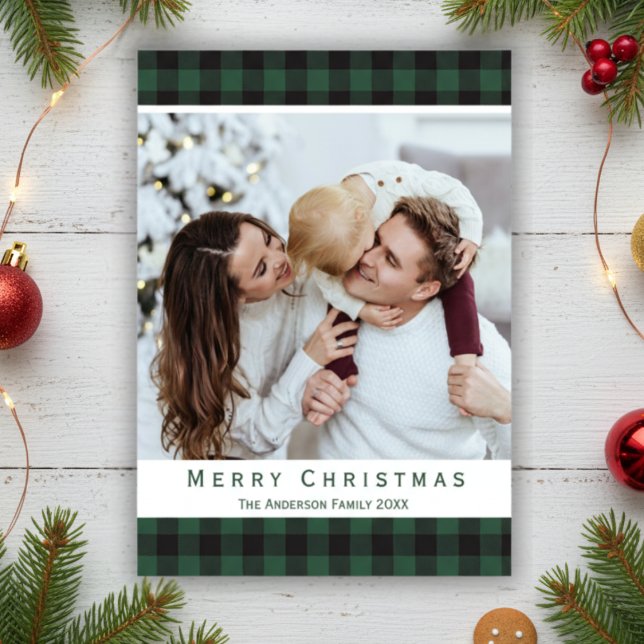 Búfalo verde revuelto foto de navidad de merry rús (Green Buffalo Plaid Rustic Merry Christmas Photo Holiday Card)