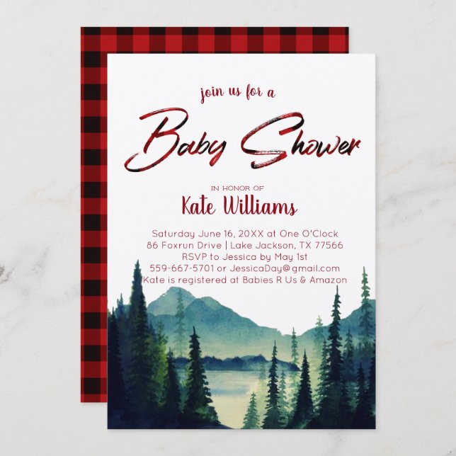 Buffalo Plaid | Invitación a Baby Shower de montañ (Anverso / Reverso)