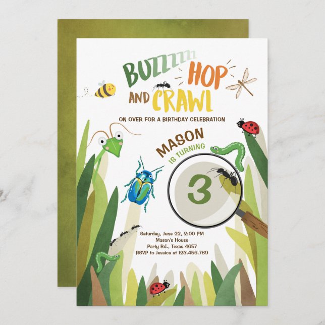Bug Invitación a cumpleaños insectos Bugs Boy bugg (Anverso / Reverso)